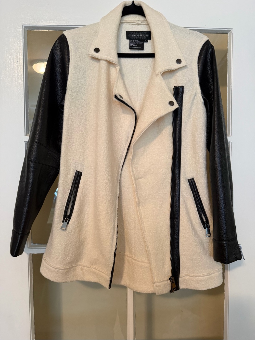 Live a Little Cream Jacket with Black Faux-Leather Sleeves